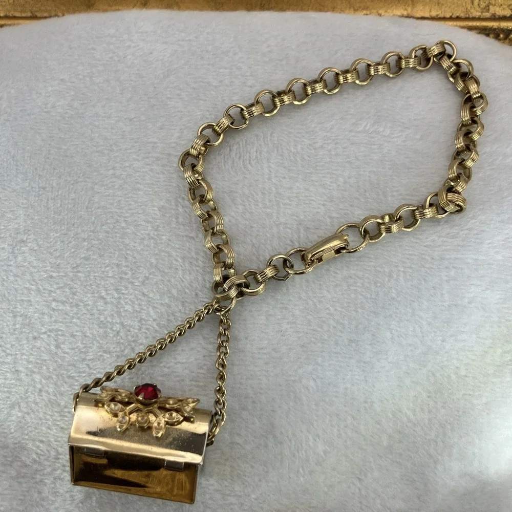 Vintage Charm Bracelet Red Crystal Treasure Chest Opens Whimsical Kitschy Quirky